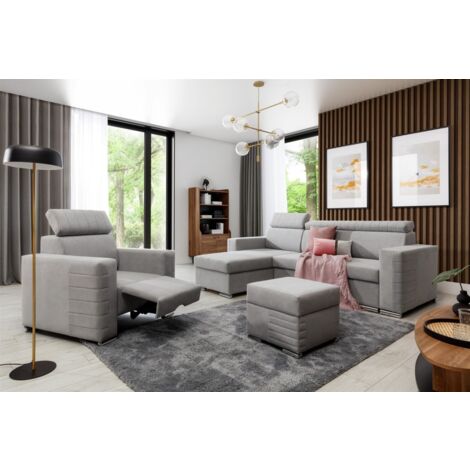 Ecksofa inkl. Hocker und Sessel CANTON Stoff Camelia Hellgrau Ottomane Links