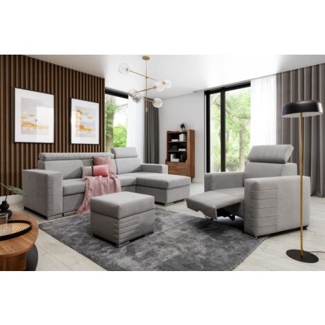 Ecksofa inkl. Hocker und Sessel CANTON Stoff Camelia Hellgrau Ottomane Rechts