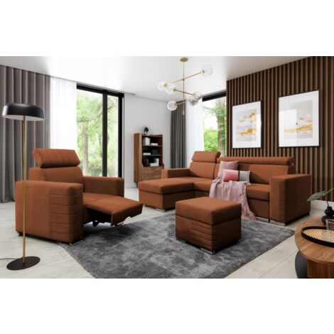 Ecksofa inkl. Hocker und Sessel CANTON Stoff Camelia Rostbraun Ottomane Links