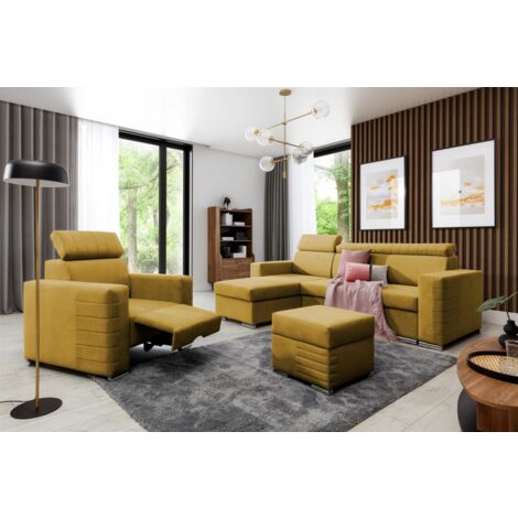 Ecksofa inkl. Hocker und Sessel CANTON Stoff Camelia Senfgelb Ottomane Links