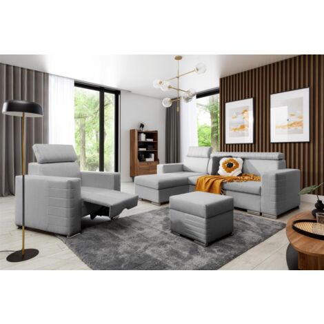 Ecksofa inkl. Hocker und Sessel CANTON Stoff Liverpool Aschgrau Ottomane Links