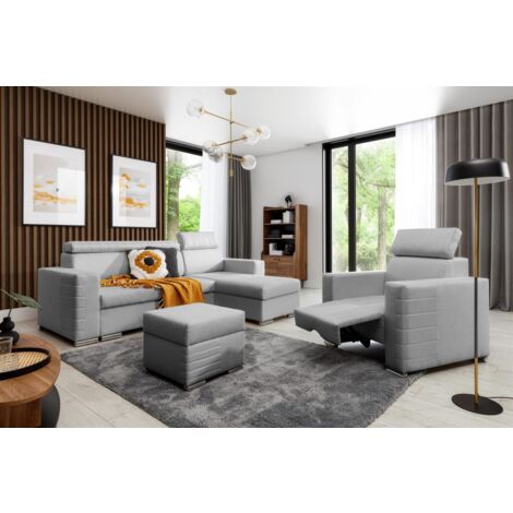 Ecksofa inkl. Hocker und Sessel CANTON Stoff Liverpool Aschgrau Ottomane Rechts
