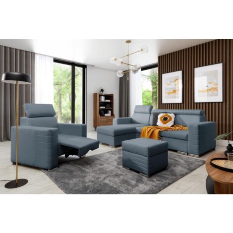 Ecksofa inkl. Hocker und Sessel CANTON Stoff Liverpool Azurblau Ottomane Links