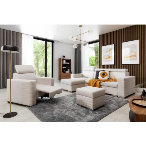 Ecksofa inkl. Hocker und Sessel CANTON Stoff Liverpool Pearl Ottomane Links