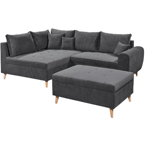 Ecksofa mit Hocker und 8 Kissen in anthrazit, L-Form mit Recamiere links, Serie CUNEO-09