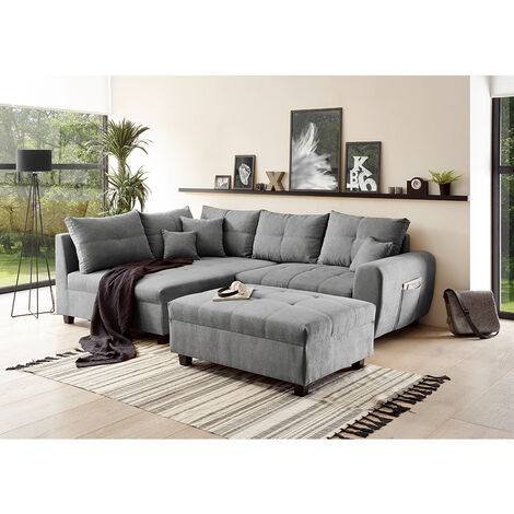 Ecksofa mit Hocker und 8 Kissen in dunkelgrau, L-Form mit Recamiere links, Serie LEICESTER-09