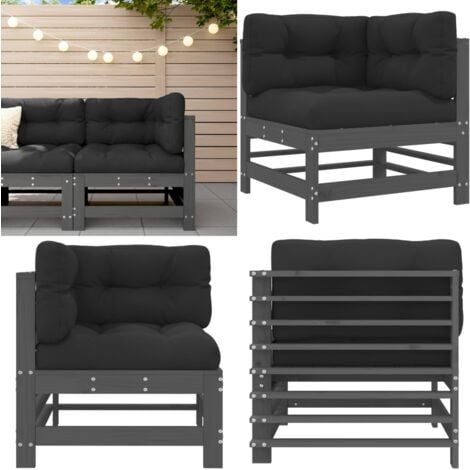 Ecksofa mit Kissen Grau Massivholz Kiefer - Gartensofa - Eckcouch - Lounge Möbel - Gartenlounge - Holzsessel - Home & Living