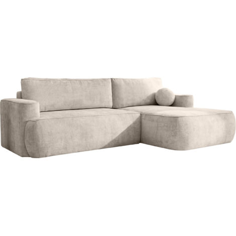 Ecksofa mit Schlaffunktion & Bettkasten – Skandi Schlafsofa in L-Form – 4-Sitzer Eckcouch, Freistehend – Liegefläche 220 × 140 cm – Rückenkissen & Zierkissen inkl. – Chenille Creme – Rechts