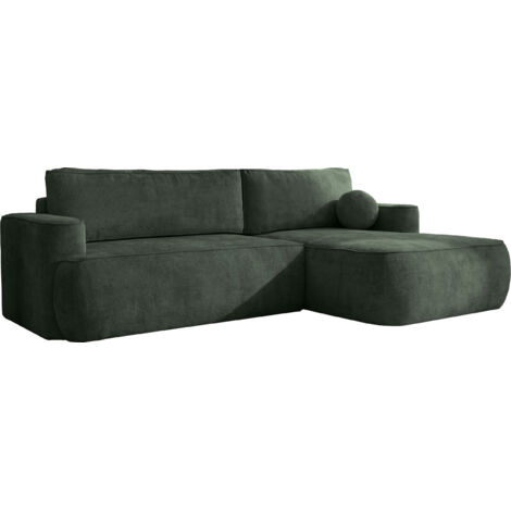 Ecksofa mit Schlaffunktion & Bettkasten – Skandi Schlafsofa in L-Form – 4-Sitzer Eckcouch, Freistehend – Liegefläche 220 × 140 cm – Rückenkissen & Zierkissen inkl. – Chenille Dunkelgrün – Rechts