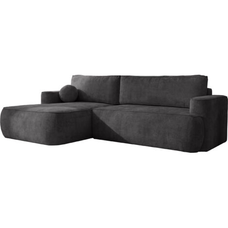Ecksofa mit Schlaffunktion & Bettkasten – Skandi Schlafsofa in L-Form – 4-Sitzer Eckcouch, Freistehend – Liegefläche 220 × 140 cm – Rückenkissen & Zierkissen inkl. – Chenille Graphit, Schwarz – Links