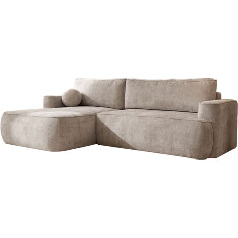 Ecksofa mit Schlaffunktion & Bettkasten – Skandi Schlafsofa in L-Form – 4-Sitzer Eckcouch, Freistehend – Liegefläche 220 × 140 cm – Rückenkissen & Zierkissen inkl. – Chenille Taupe, Beige-Grau – Links