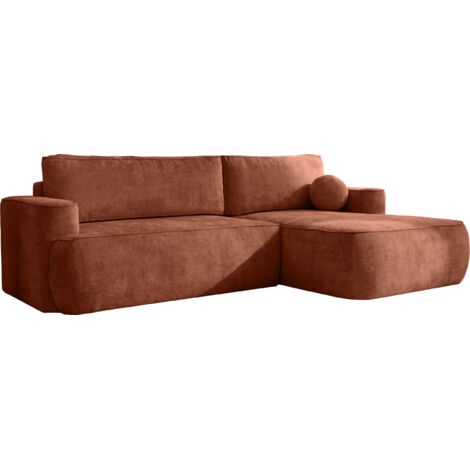 Ecksofa mit Schlaffunktion & Bettkasten – Skandi Schlafsofa in L-Form – 4-Sitzer Eckcouch, Freistehend – Liegefläche 220 × 140 cm – Rückenkissen & Zierkissen inkl. – Chenille Terakotta – Rechts