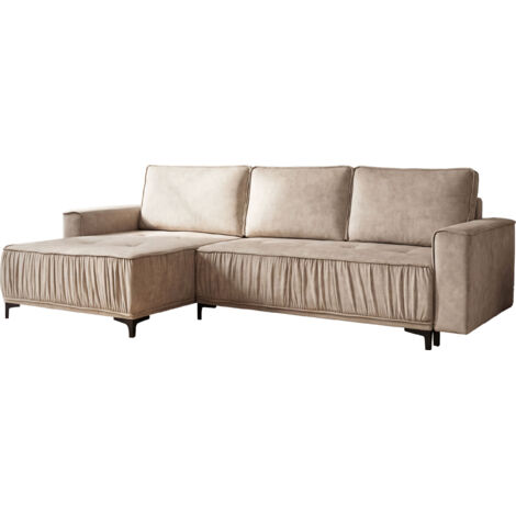 Ecksofa mit Schlaffunktion & Stauraum, Wohnlandschaft in L-Form – Universell Rechts/Links 4-Sitzer Loungesofa 270 × 150 × 92 cm –  Glamour, Freistehend mit Rückenkissen – Beige Samt Velours