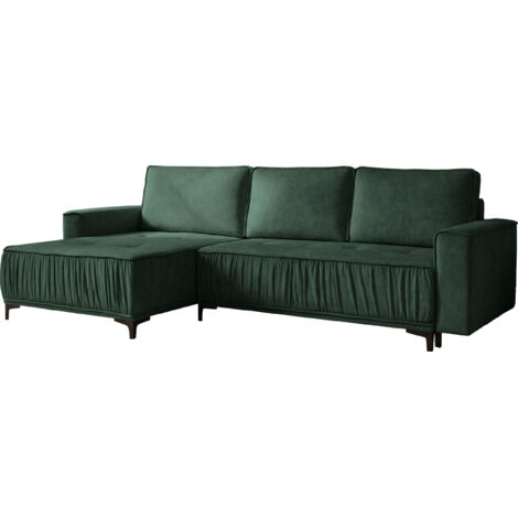 Ecksofa mit Schlaffunktion & Stauraum, Wohnlandschaft in L-Form – Universell Rechts/Links 4-Sitzer Loungesofa 270 × 150 × 92 cm –  Glamour, Freistehend mit Rückenkissen – Dunkelgrün Samt Velours