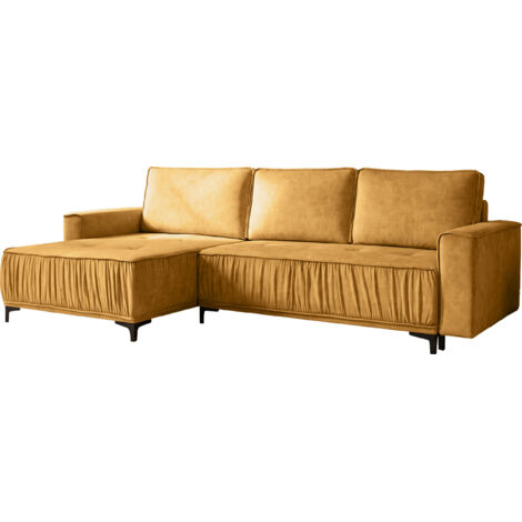 Ecksofa mit Schlaffunktion & Stauraum, Wohnlandschaft in L-Form – Universell Rechts/Links 4-Sitzer Loungesofa 270 × 150 × 92 cm –  Glamour, Freistehend mit Rückenkissen – Senfgelb Samt Velours