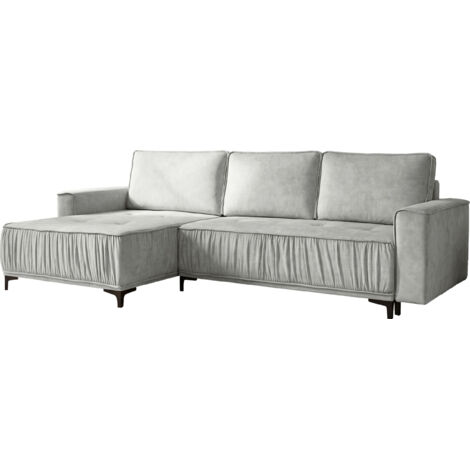 Ecksofa mit Schlaffunktion & Stauraum, Wohnlandschaft in L-Form – Universell Rechts/Links 4-Sitzer Loungesofa 270 × 150 × 92 cm –  Glamour, Freistehend mit Rückenkissen – Silber Hellgrau Samt Velours