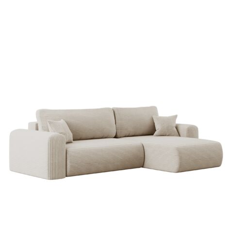 Ecksofa mit Schlaffunktion und Stauraum für Bettzeug, L-förmiges Sofa, Capri Stoff Poso Ecru Rechts