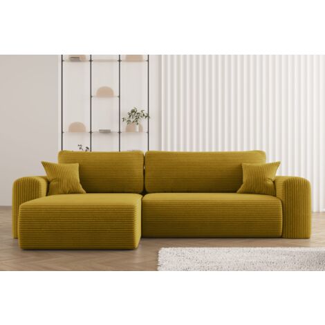 Ecksofa mit Schlaffunktion und Stauraum für Bettzeug, L-förmiges Sofa, Capri Stoff Poso Gelb Rechts