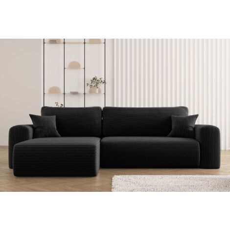 Ecksofa mit Schlaffunktion und Stauraum für Bettzeug, L-förmiges Sofa, Capri Stoff Poso Schwarz Rechts