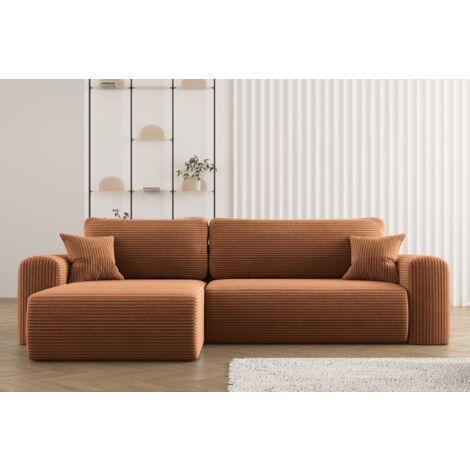 Ecksofa mit Schlaffunktion und Stauraum für Bettzeug, L-förmiges Sofa, Capri Stoff Poso Ziegel Links