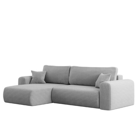 Ecksofa mit Schlaffunktion und Stauraum für Bettzeug, L-förmiges Sofa, Schlaffunktion Capri Stoff Poso Hellgrau Links