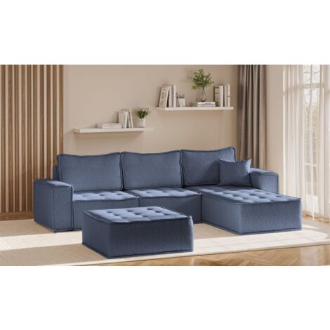 Ecksofa Modulsofa 4-teilig SANDE Stoff Raven Blau Ottomane Rechts