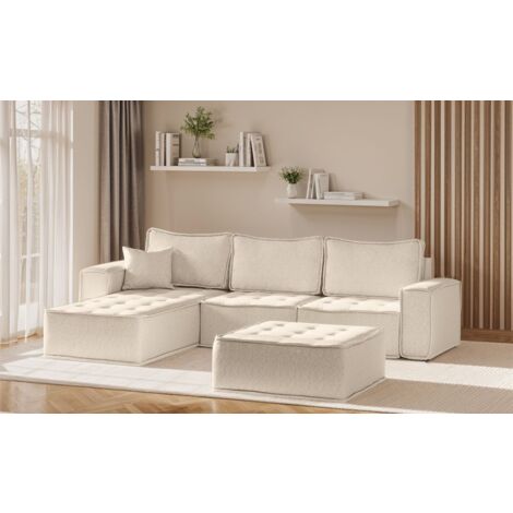Ecksofa Modulsofa 4-teilig SANDE Stoff Raven Creme Ottomane Links