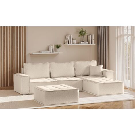 Ecksofa Modulsofa 4-teilig SANDE Stoff Raven Creme Ottomane Rechts