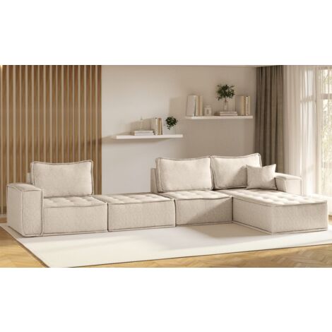 Ecksofa Modulsofa 4-teilig SANDE XL Stoff Raven Creme Ottomane Rechts
