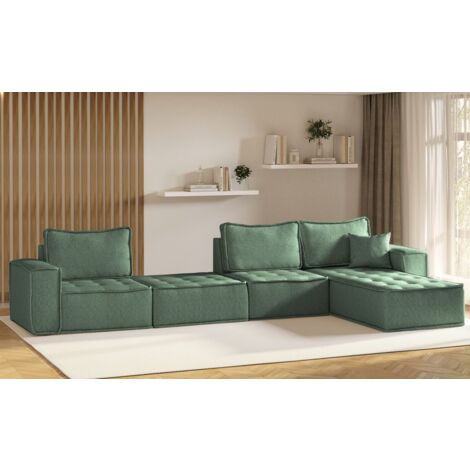 Ecksofa Modulsofa 4-teilig SANDE XL Stoff Raven Flaschengrün Ottomane Rechts