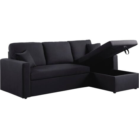 Ecksofa reversibel mit Schlaffunktion "Alain" - 221 x 145 x 85 cm - 3-Sitzer - Schwarz