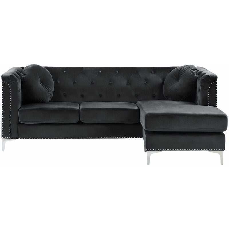 Ecksofa Schwarz aus Samtstoff L-Förmig Linksseitig mit Zierkissen Wohnzimmer Modernes Design - Schwarz