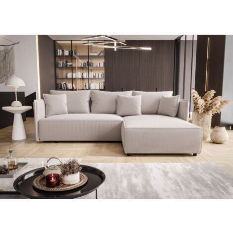 Ecksofa Schlafsofa EVORA Stoff Poso Altweiß Ottomane Rechts
