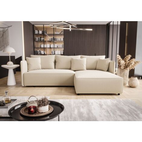 Ecksofa Schlafsofa EVORA Stoff Poso Creme Ottomane Rechts