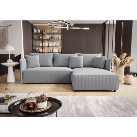 Ecksofa Schlafsofa EVORA Stoff Poso Hellgrau Ottomane Rechts