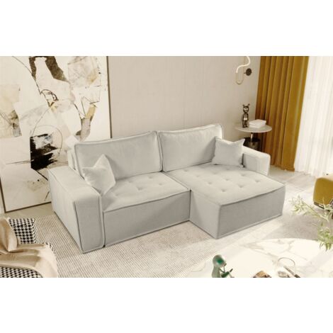 Ecksofa Schlafsofa FLOSI Stoff Raven Creme Ottomane Rechts