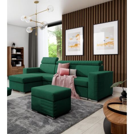 Ecksofa Schlafsofa inkl. Hocker CANTON Stoff Camelia Grün Ottomane Links