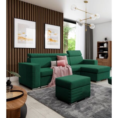 Ecksofa Schlafsofa inkl. Hocker CANTON Stoff Camelia Grün Ottomane Rechts