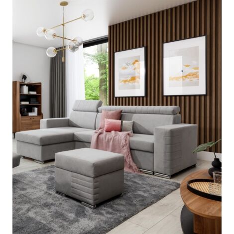 Ecksofa Schlafsofa inkl. Hocker CANTON Stoff Camelia Hellgrau Ottomane Links