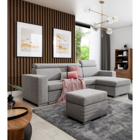 Ecksofa Schlafsofa inkl. Hocker CANTON Stoff Camelia Hellgrau Ottomane Rechts
