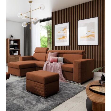 Ecksofa Schlafsofa inkl. Hocker CANTON Stoff Camelia Rostbraun Ottomane Links