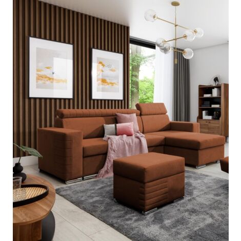 Ecksofa Schlafsofa inkl. Hocker CANTON Stoff Camelia Rostbraun Ottomane Rechts