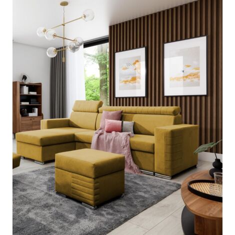 Ecksofa Schlafsofa inkl. Hocker CANTON Stoff Camelia Senfgelb Ottomane Links