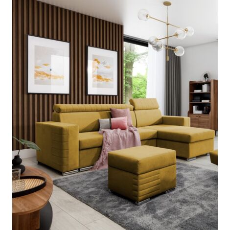 Ecksofa Schlafsofa inkl. Hocker CANTON Stoff Camelia Senfgelb Ottomane Rechts