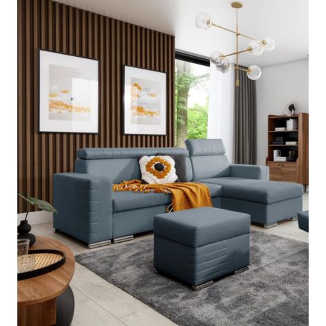 Ecksofa Schlafsofa inkl. Hocker CANTON Stoff Liverpool Azurblau Ottomane Rechts