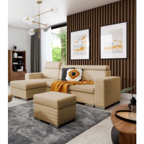 Ecksofa Schlafsofa inkl. Hocker CANTON Stoff Liverpool Beige Ottomane Links