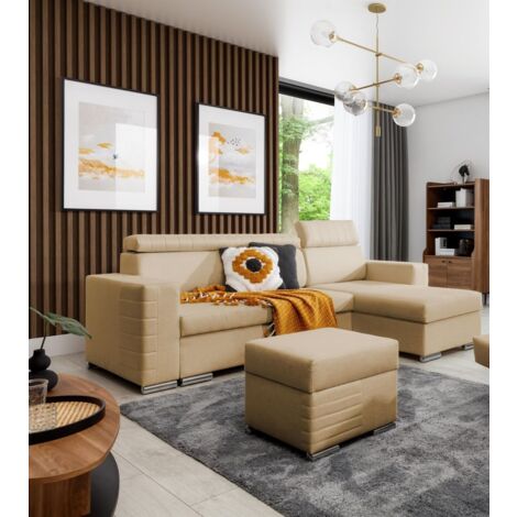 Ecksofa Schlafsofa inkl. Hocker CANTON Stoff Liverpool Beige Ottomane Rechts