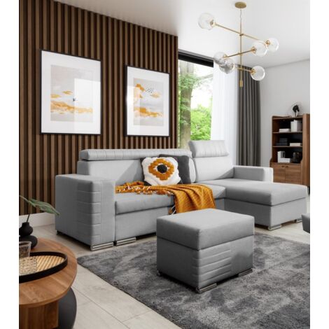 Ecksofa Schlafsofa inkl. Hocker CANTON Stoff Liverpool Grau Ottomane Rechts