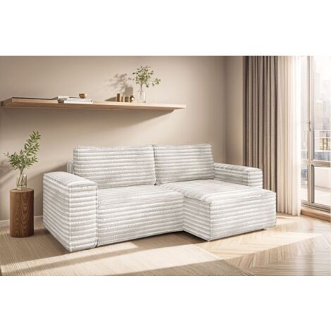 Ecksofa Schlafsofa MADLEN Stoff Velo Altweiß Ottomane Rechts