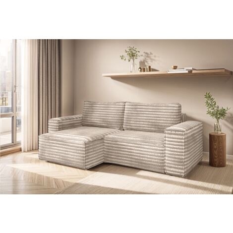Ecksofa Schlafsofa MADLEN Stoff Velo Beige Ottomane Links
